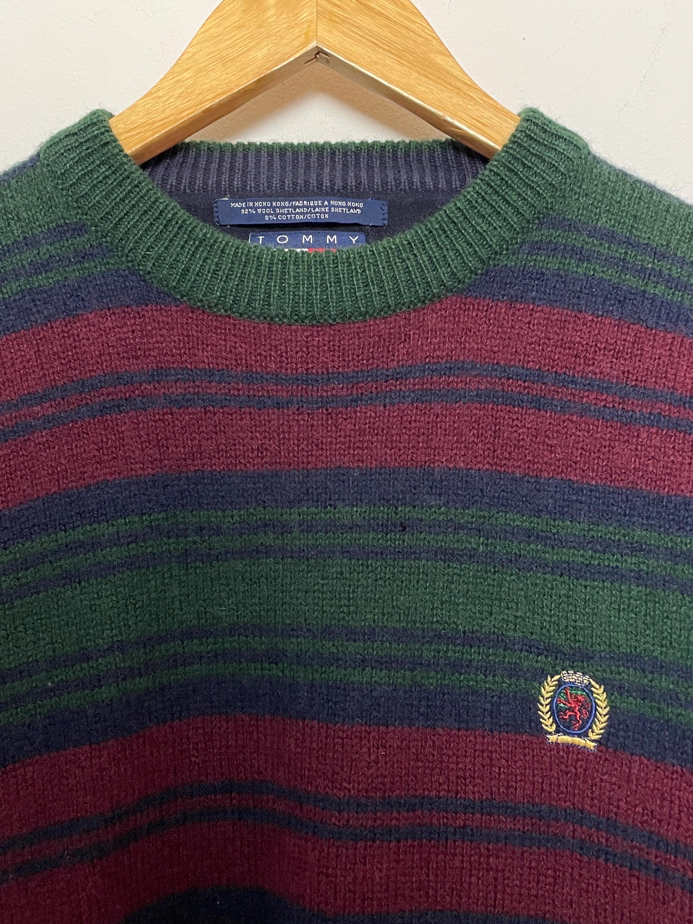 Vintage 1990s Tommy Hilfiger Green Blue and Red Striped Shetland 