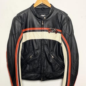 Vintage 1990s Harley Davidson Motorcycles Genuine Leather Striped Zip Up Women’s Racing Biker Jacket (size women’s Large)