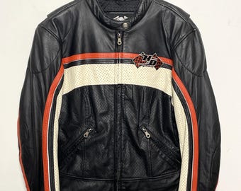 Chaqueta de motociclista de carreras vintage de los años 90, de cuero genuino a rayas y con cremallera para mujer (talla L de mujer)