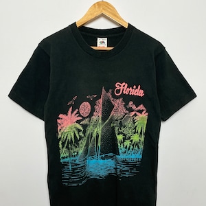 Vintage 1980s Florida Sailing Boat Palm Tree Multi Color Vibrant Neon Graphic Tee Shirt (size adult Small)
