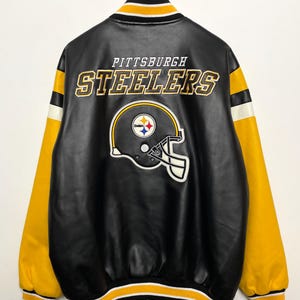 Vintage Pittsburgh Steelers NFL Football Spell Out Helmet Graphic Faux Leather Bomber Jacket (size adult Large)