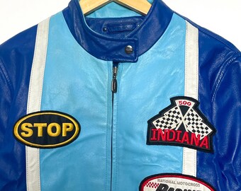 Vintage 1990s Marcia Genuine Blue Leather Striped Zip up Women's