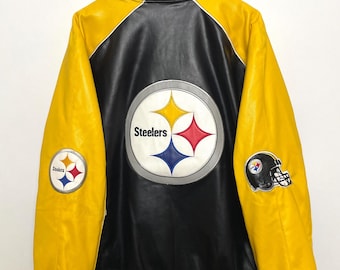 Kurtka typu bomber z imitacji skóry z lat 90. XX wieku z nadrukiem hełmu drużyny futbolowej NFL drużyny Pittsburgh Steelers (rozmiar XL dla dorosłych)