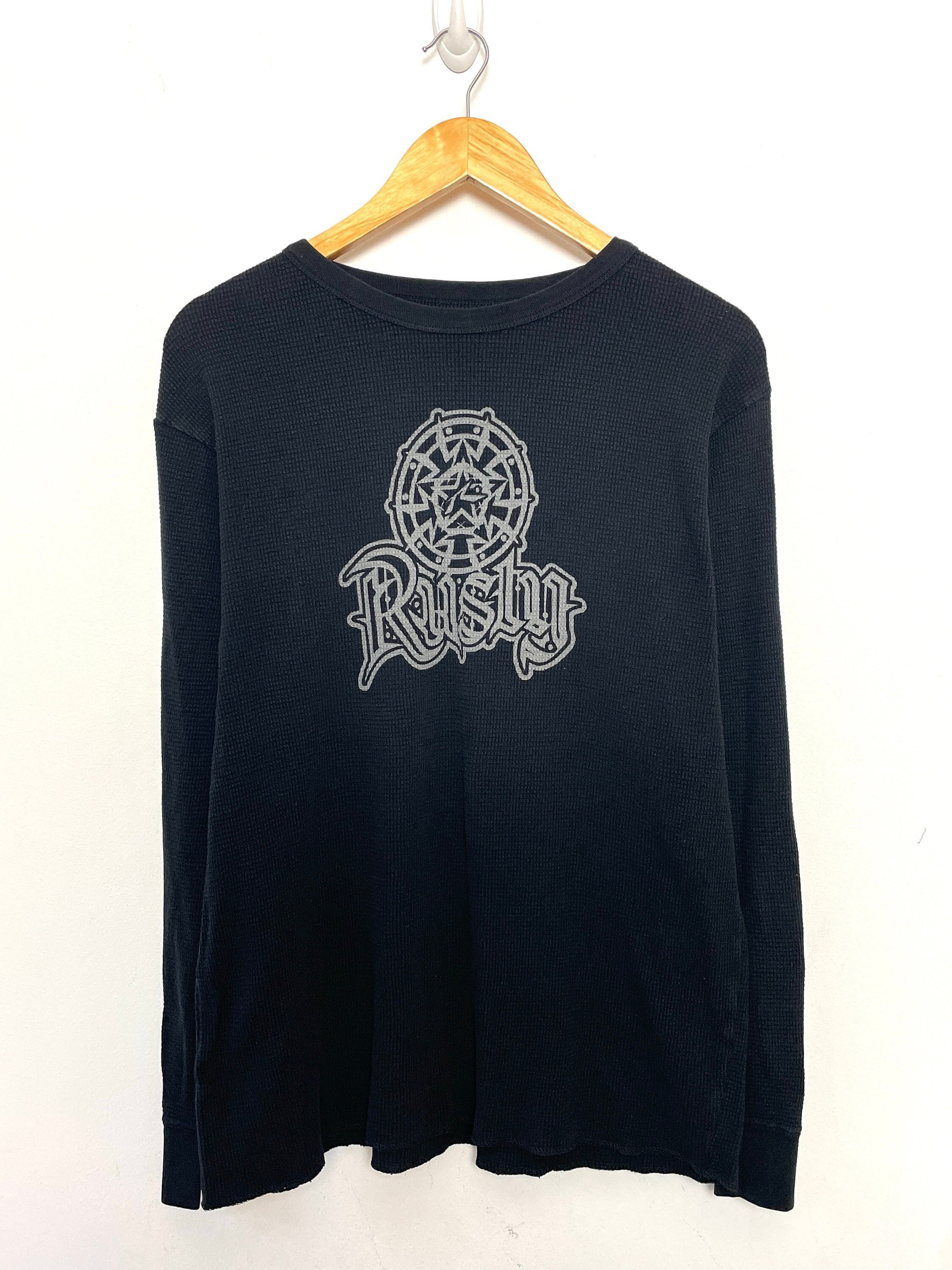 Vintage Y2K Rusty Surf Wear Spell Out Graphic Long Sleeve Black