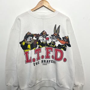 Vintage 1994 Looney Tunes-brandweer "The Bravest" Cartoon Graphic T-shirt met ronde hals (past medium medium)