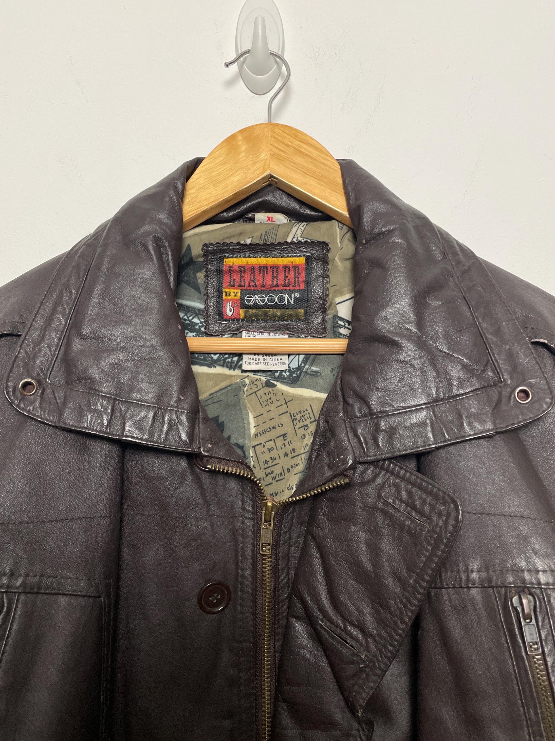 Vintage 1980s Sasson Genuine Brown Leather Aviator Bomber Jacket