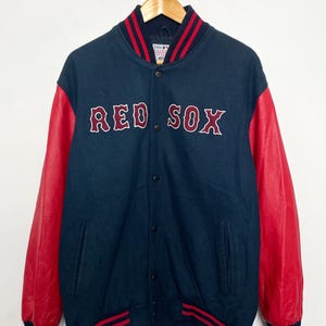 Vintage 1990s Boston Red Sox MLB Baseball American League Genuine Leather Sleeve Wool Letterman Stadium Jacket (size adult Medium)