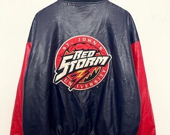 Vintage Steve and Barry’s St John’s University Red Storm Queens New York City Faux Leather Bomber Jacket (size adult XL)