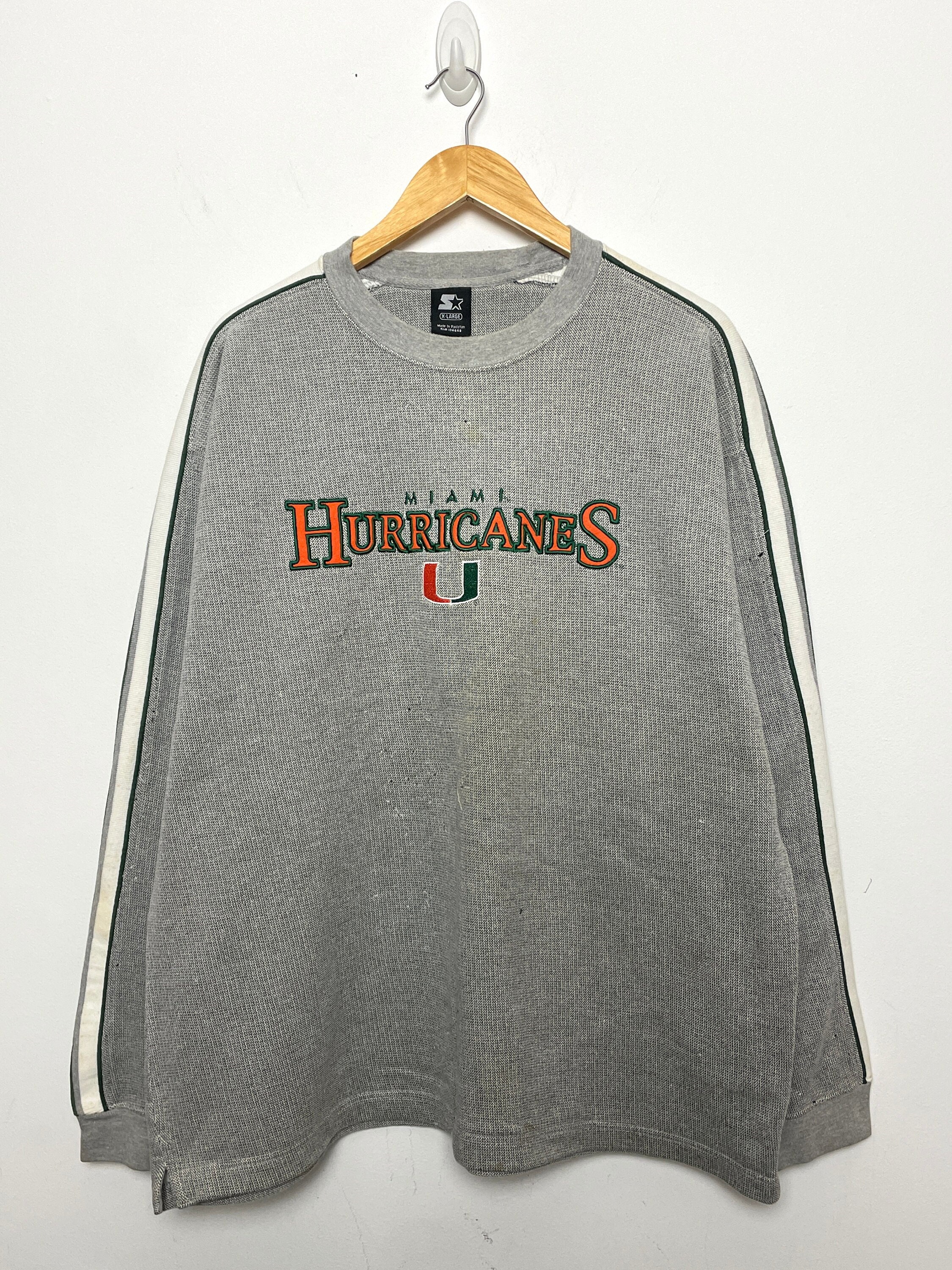 Vintage 1990s Starter Miami Hurricanes Spell Out Logo Graphic Pullover College Crewneck Sweatshirt size adult XL