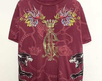 Vintage Y2K Christian Audigier Los Angeles All Over Print Floral Panther Chain Graphic Red Tee Shirt (fits adult XL)