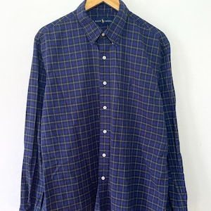 Vintage Polo by Ralph Lauren Green and Blue Plaid Checkered Print Button Up Long Sleeve Shirt (size adult XL)