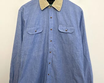 Vintage 1980s Izod Lacoste Cord Kragen Blau Button Up Langarm Shirt (Größe Erwachsene Large)