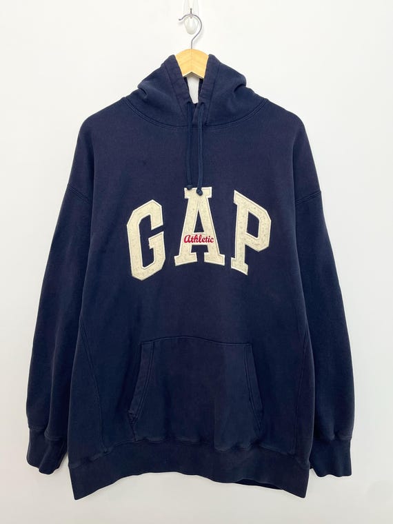 Vintage 1990s Gap Athletic Spell Out Graphic Navy Blue Hoodie