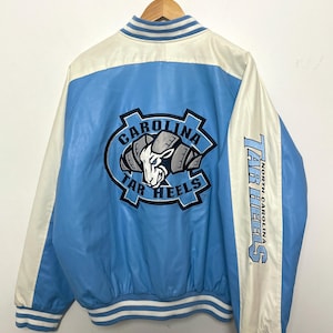Vintage Steve and Barry’s University of North Carolina Tar Heels Ram Graphic Faux Leather Zip Up Bomber Jacket (size adult Large)