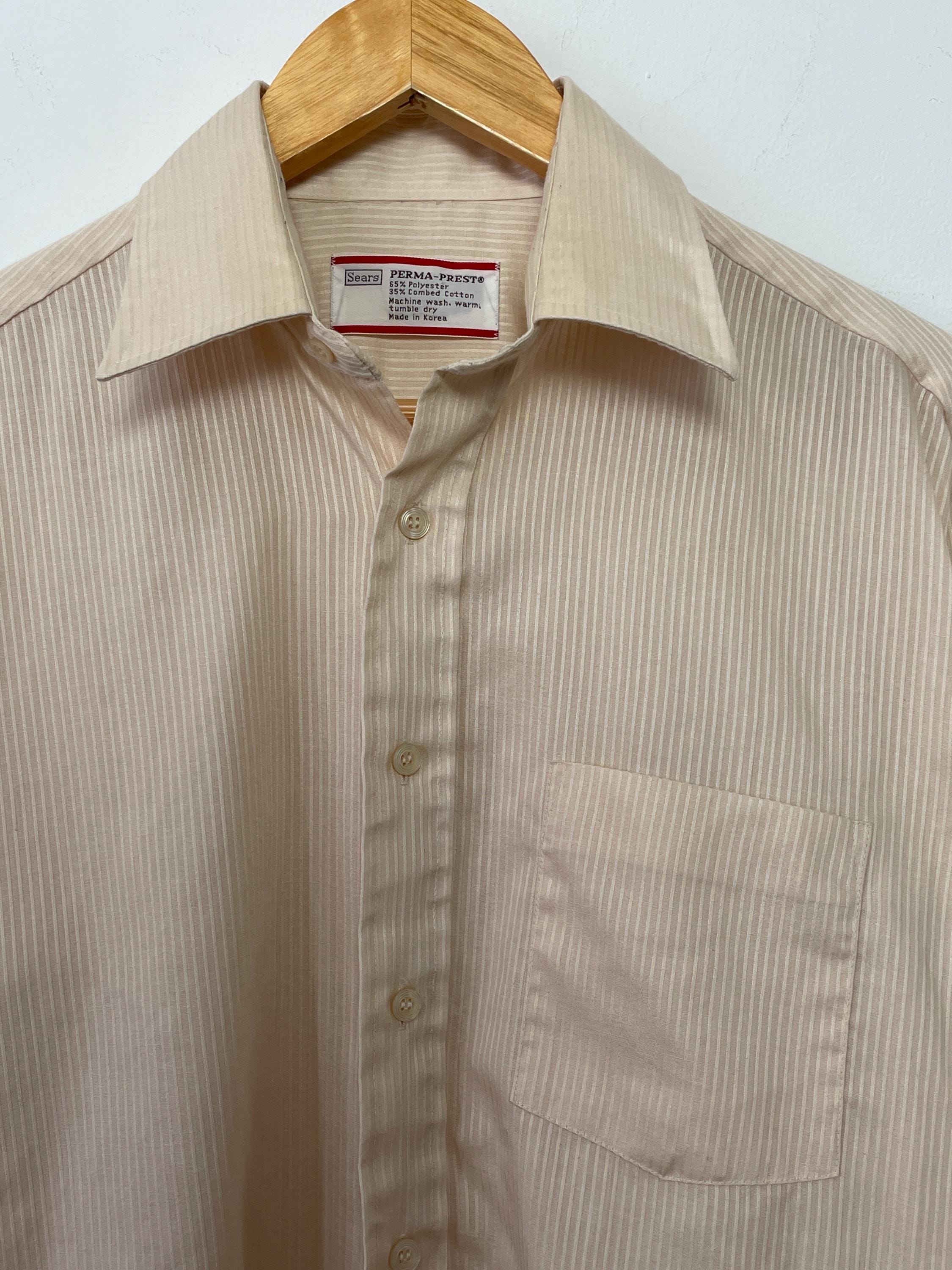 Vintage 1970s Sears Perma-prest Beige Striped Long Sleeve Button