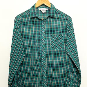 Vintage 1990s Green Blue and Yellow Plaid Checkered Print Button Up Long Sleeve Shirt (fits adult Small)