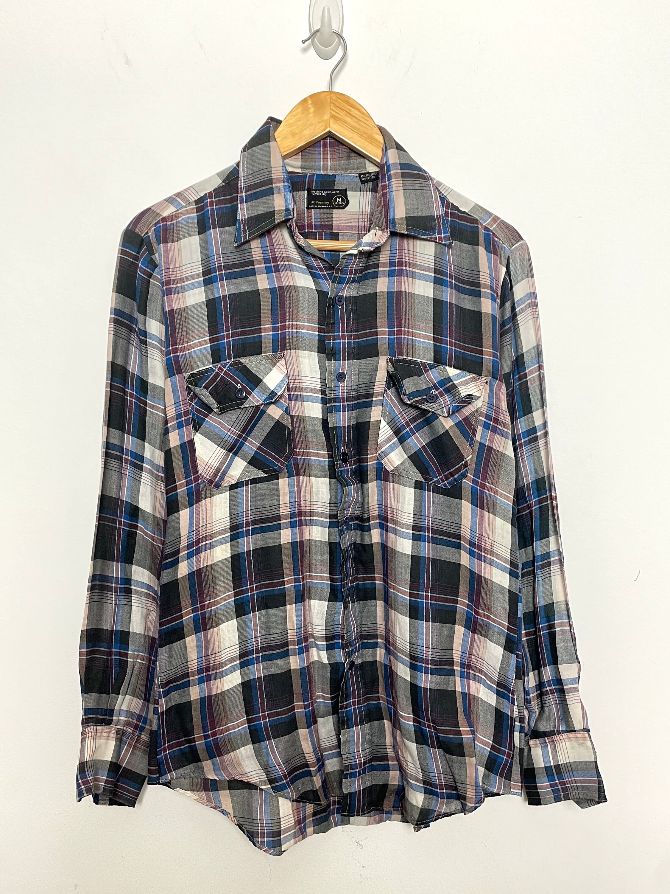 Vintage 1970s JC Penny Blue Plaid Print Button up Long
