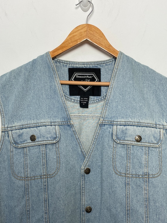 【DISCERNMENT】Sandwashing Vintage Denim Sleeveless Vintage 1990s Diamond Plate Light Washed Denim Biker