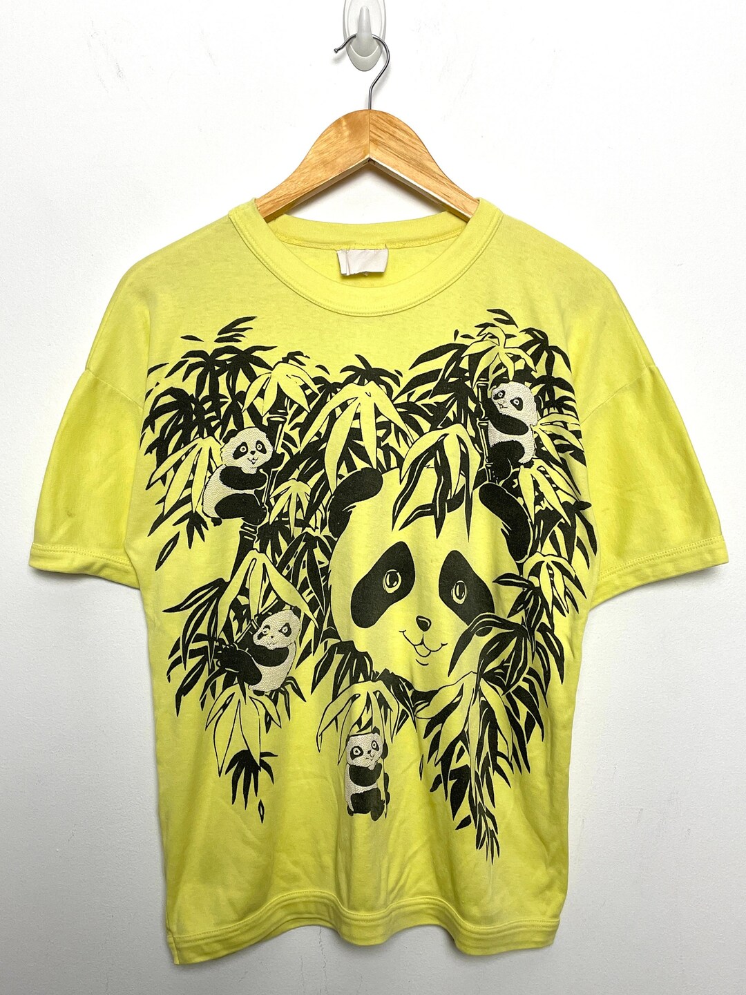 Vintage 1980s Panda Bear Bamboo Puff Print Yellow Animal Graphic Tee