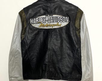Chaqueta de motociclista de cuero genuino estilo Cafe Racer con cremallera de Harley Davidson Motorcycles de los años 90 para mujer (talla mediana para mujer)