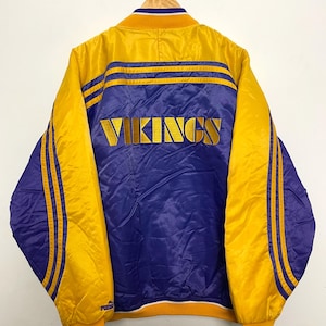 Vintage des années 1990 Vikings du Minnesota Puma Team NFL football veste aviateur rayé style satiné (taille adulte XL)