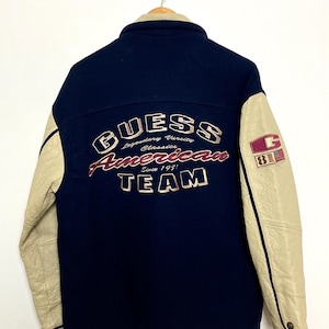 Vintage 1990s Guess American Varsity Team Tumbled Genuine Leather and Wool Letterman Bomber Jacket (size adult Medium)