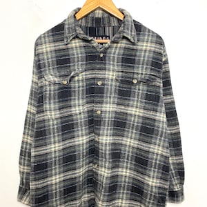 Vintage 1990s Tribes Black Beige and Blue Plaid Button Up Long Sleeve Flannel Shirt (size adult Medium)
