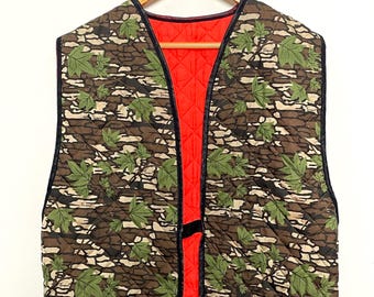 Chaleco cortavientos estilo caza reversible con forro naranja y estampado de camuflaje Realtree vintage de los años 80 (talla mediana para adulto)