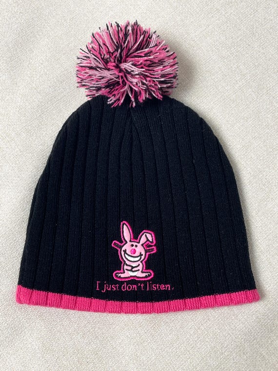 Vintage Y2K Happy Bunny Black and Pink Pom Pom Beanie Hat (women’s size)