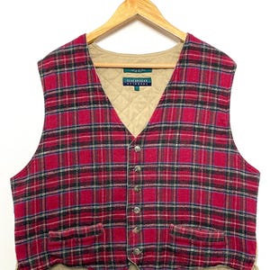 Vintage 1990s Red Plaid Checkered Print Buckleback Quilted Button Up Vest (size adult Large)