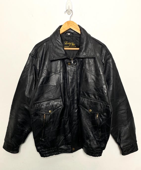 ジャケット・アウター 80s vintage single lether bomber jacket Vintage 1980s Genuine Leather Patchwork Black Zip up Bomber
