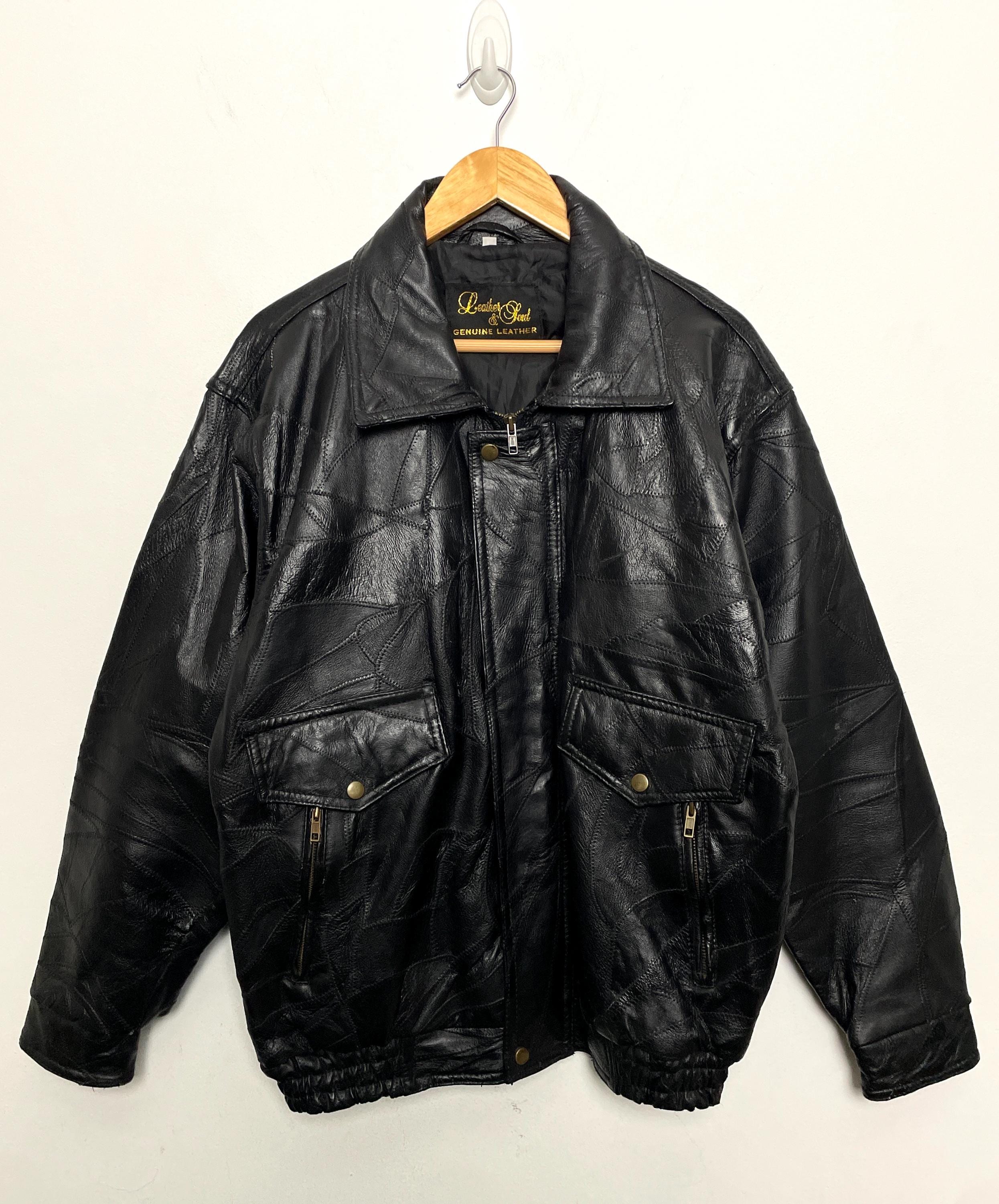 Vintage 1980s Genuine Leather Patchwork Black Zip up Bomber