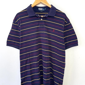 Vintage 1990s Polo by Ralph Lauren Navy Blue Red and Yellow Multi Color Striped Polo Shirt (size adult Large)