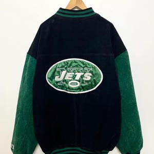 Vintage 1990s New York Jets NFL Football Game Day Zip Up Genuine Suede Leather Bomber Jacket (size adult XL)