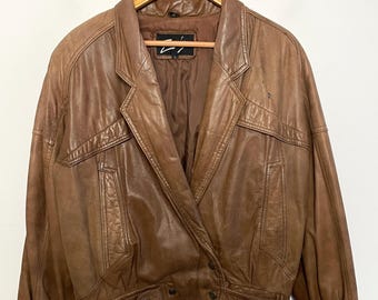 Vintage 1980s Zenia Genuine Brown Leather Cropped Aviator Bomber Jacket (fits size adult Medium)