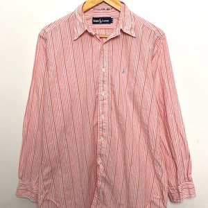 Vintage 1990s Polo by Ralph Lauren Pink Striped Button Up Long Sleeve Shirt (size adult Medium)