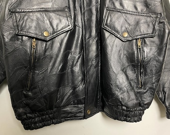Vintage 1980s Genuine Leather Patchwork Black Zip up Bomber