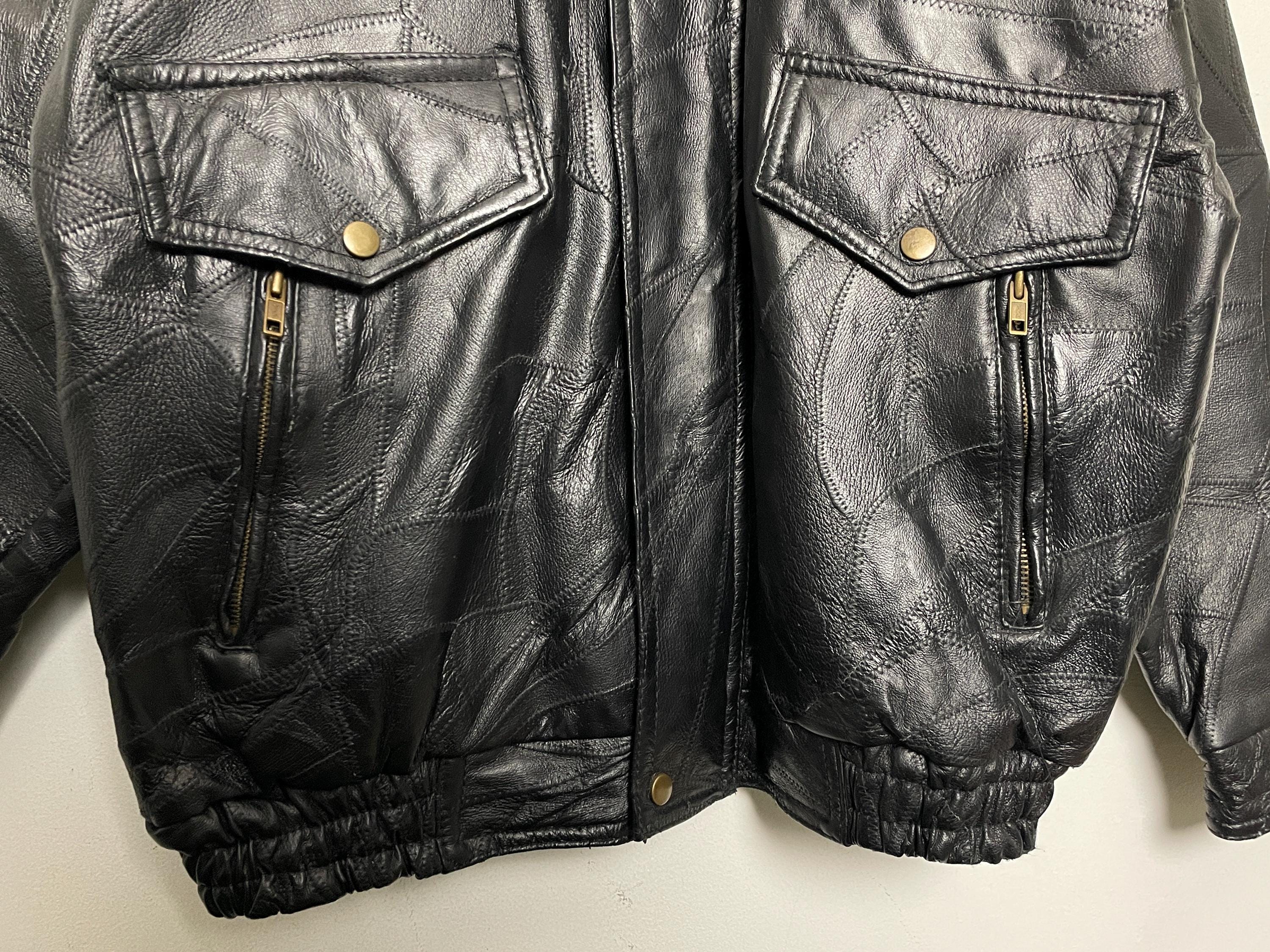 Vintage 1980s Genuine Leather Patchwork Black Zip up Bomber