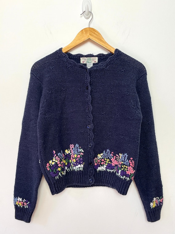 Vintage 1990s Orvis Fly Fishing Embroidered Floral Print Womens Ramie  Cotton Button up Cardigan Sweater size Women's Small 