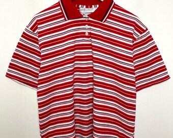 Polo à manches courtes rayé rouge bleu marine et blanc Carolyn Taylor pour femmes vintage des années 1990 (taille XL pour femme)