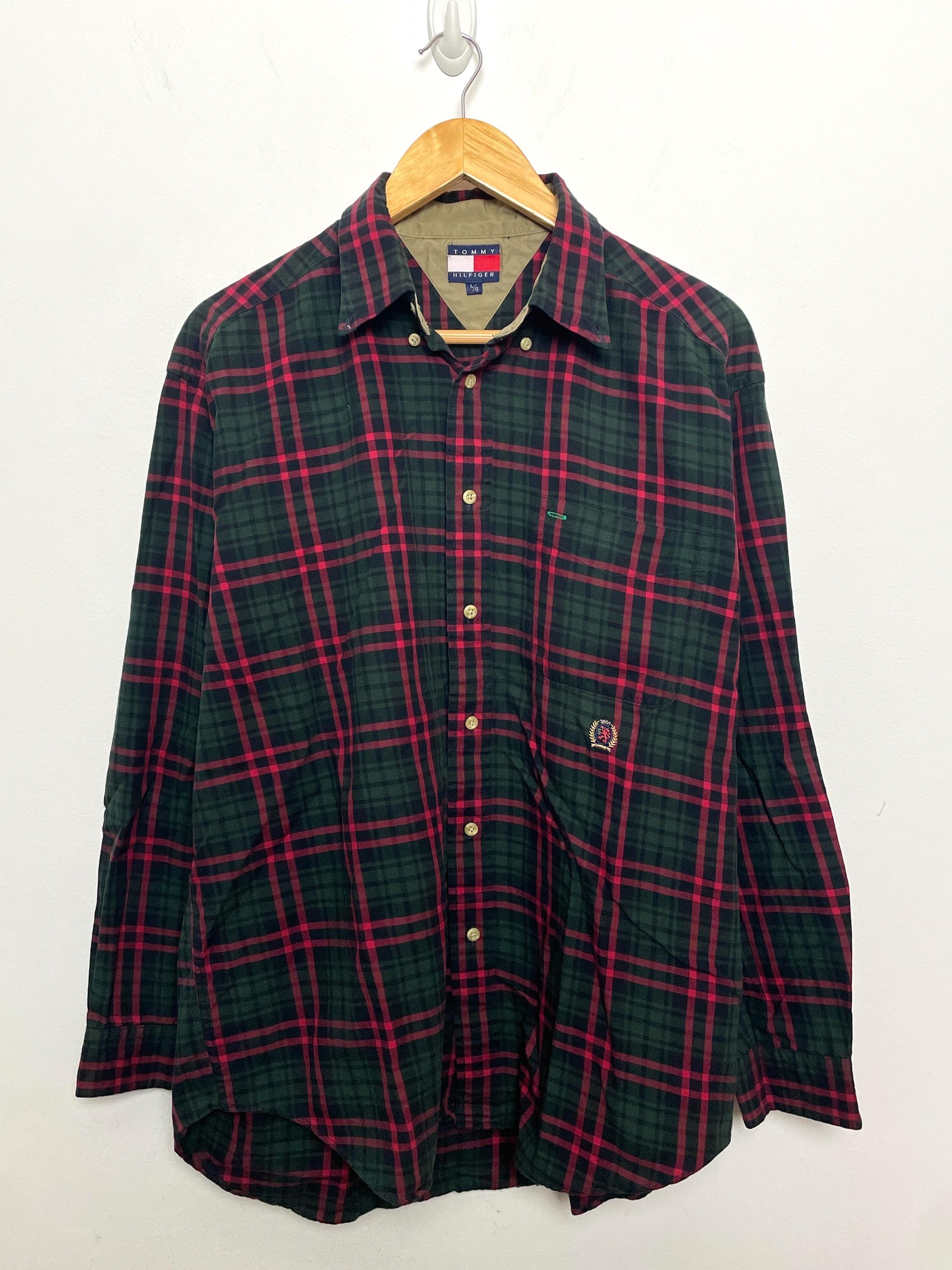 Vintage 1990s Tommy Hilfiger Red and Black Plaid Lion Crest 