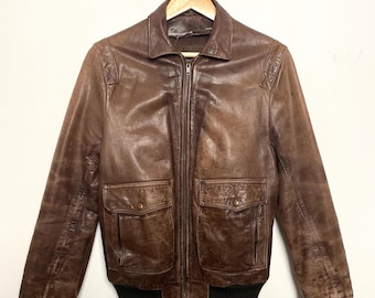 Vintage 1980s Saks Fifth Avenue Genuine Brown Leather Aviator Bomber Jacket (size adult Small)