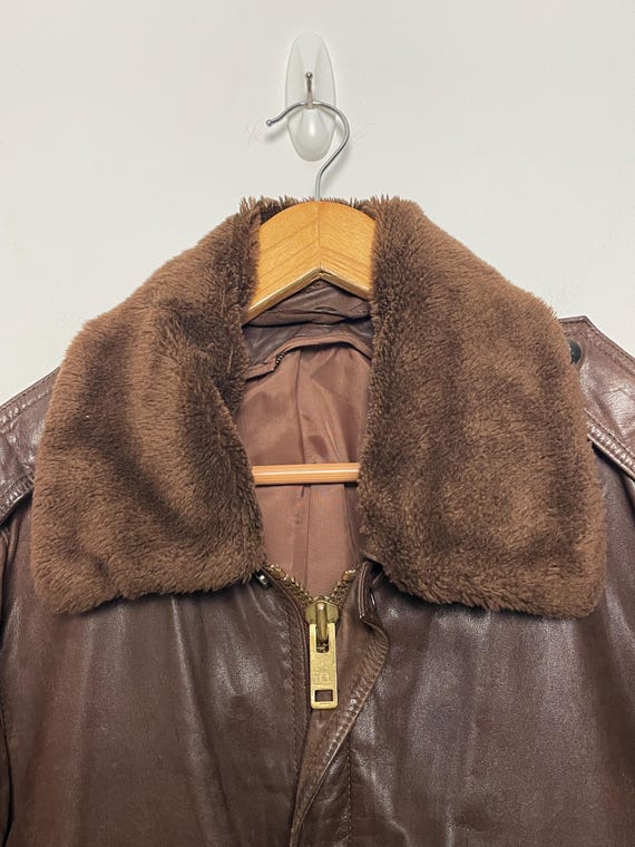 Vintage 1980s Genuine Brown Leather Collar Zip up Aviator Bomber