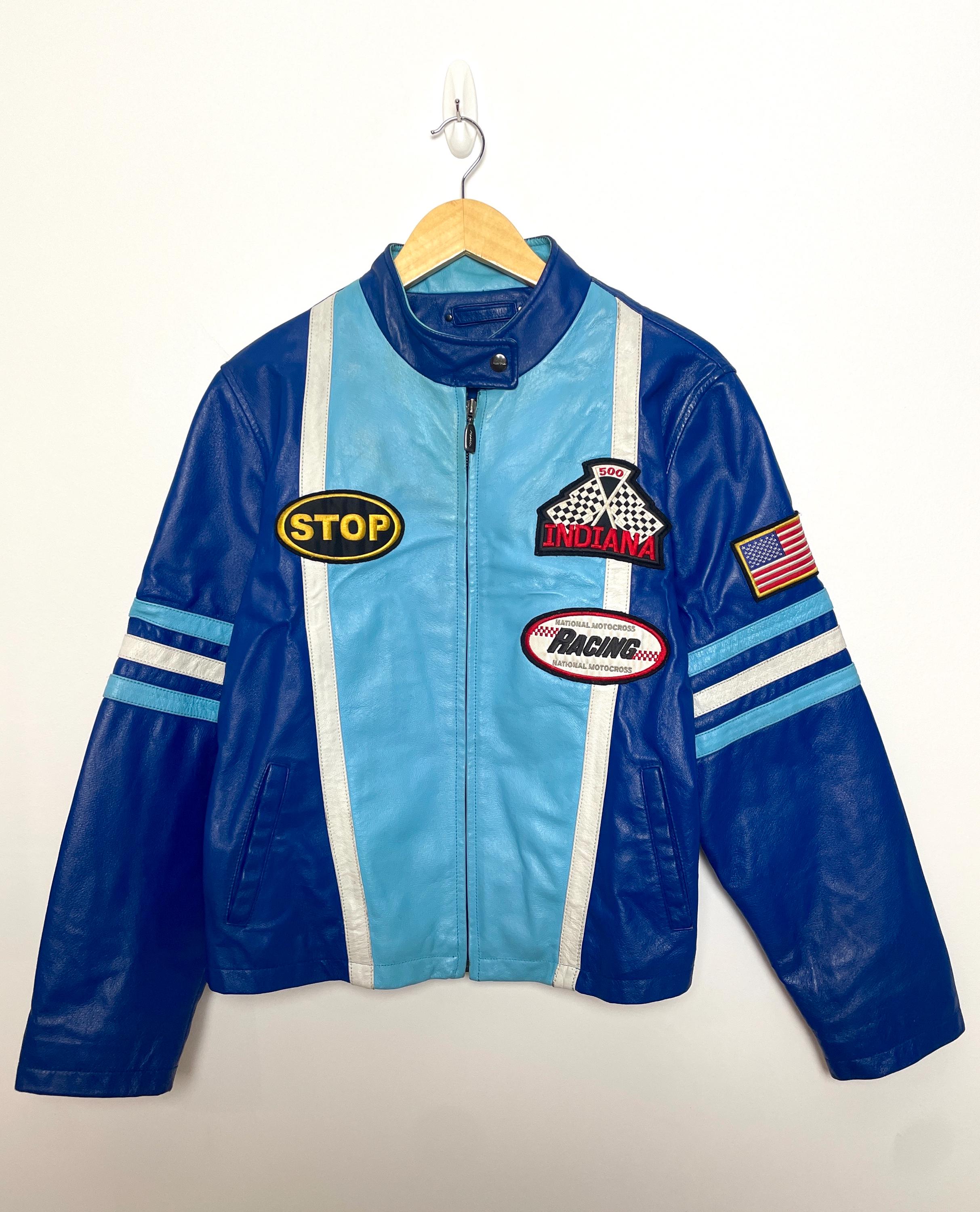 Vintage 1990s Marcia Genuine Blue Leather Striped Zip up Women's