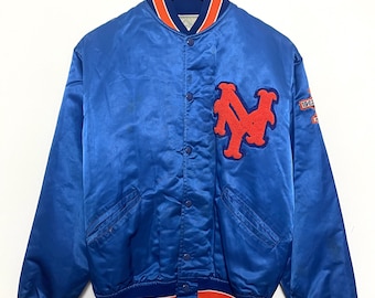 Chaqueta de béisbol vintage de satén Felco, fabricada en EE. UU., con motivo del 25.° aniversario de los New York Mets de 1986 (talla pequeña para adultos)