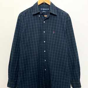Vintage Polo by Ralph Lauren Blue and Green Plaid Button Up Long Sleeve Checkered Oxford Shirt (size adult Medium)