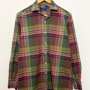Vintage Polo by Ralph Lauren Green Brown and Red Plaid Checkered Button Up Long Sleeve Oxford Shirt (size adult Medium)