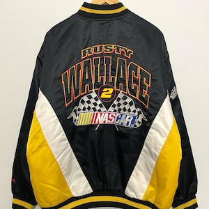 Chaqueta acolchada vintage de la década de 1990 con la bandera a cuadros de carreras Rusty Wallace #2 de Nutmeg Mills NASCAR (talla XL para adultos)
