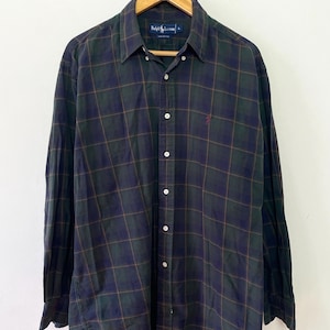 Vintage 1990s Polo by Ralph Lauren Green and Blue Plaid Checkered Print Button Up Long Sleeve Shirt (size adult Large)