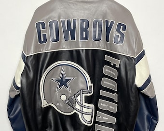 Kurtka typu bomber ze skóry ekologicznej Dallas Cowboys NFL Football z nadrukiem kasku Spell Out (rozmiar L dla dorosłych)